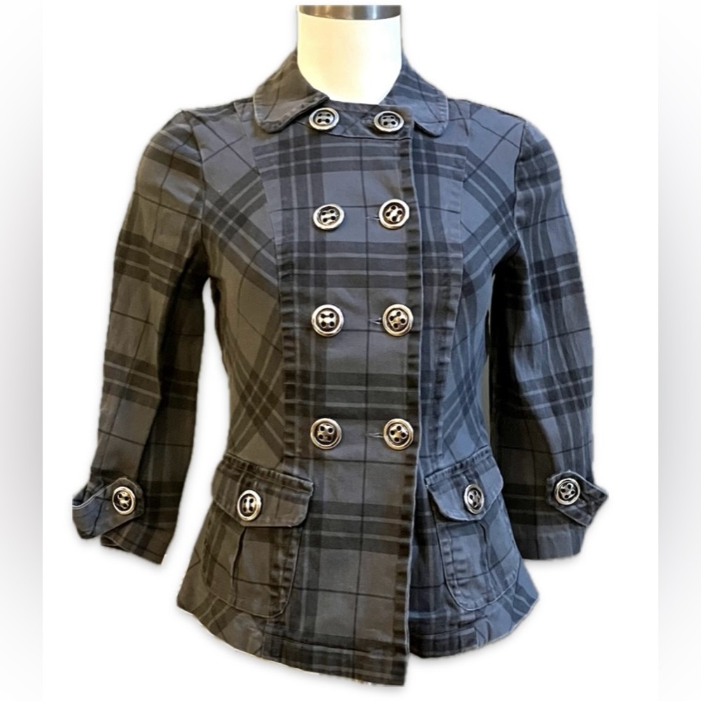 Maurices Double-Breasted Plaid Fitted Blazer - Black and Gray size M EUC